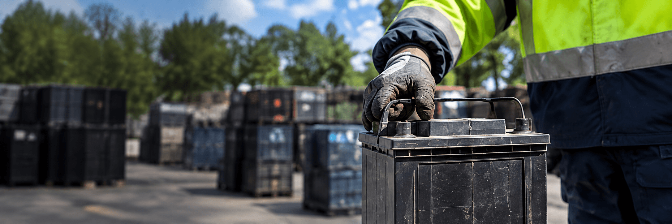 Trabajador trasladando una batería de auto usada para su reciclaje